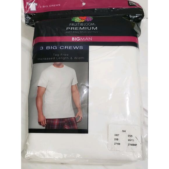 6 White Big Man 2XB 50-52 Inch Crew Neck T-Shirts Fruit Of The Loom Big & Tall - Picture 2 of 5